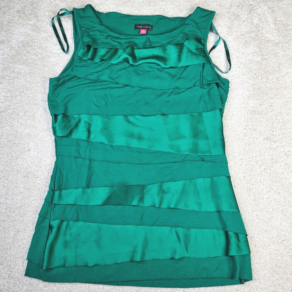 Women's Vince Camuto Green‎ Ruffle Sleeveless Top Blouse Satin Stretch Size S